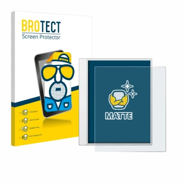 Parte frontal de un envase de producto con el logotipo de la marca BROTECT. Al lado se muestra el dispositivo Boox Note Max co