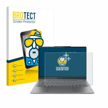 Parte frontal de un envase de producto con el logotipo de la marca BROTECT. Al lado se muestra el dispositivo Lenovo Yoga 7i 2