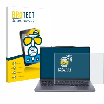 Parte frontal de un envase de producto con el logotipo de la marca BROTECT. Al lado se muestra el dispositivo Acer Swift Go 14