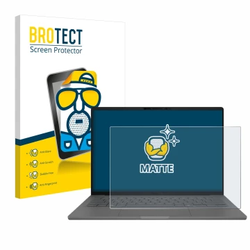 Parte frontal de un envase de producto con el logotipo de la marca BROTECT. Al lado se muestra el dispositivo ASUS ZenBook A14