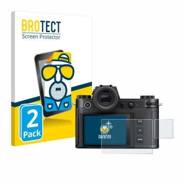 Parte frontal de un envase de producto con el logotipo de la marca BROTECT. Al lado se muestra el dispositivo Leica SL3-S (Pan