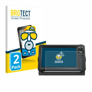 Parte frontal de un envase de producto con el logotipo de la marca BROTECT. Al lado se muestra el dispositivo Lowrance Eagle 9