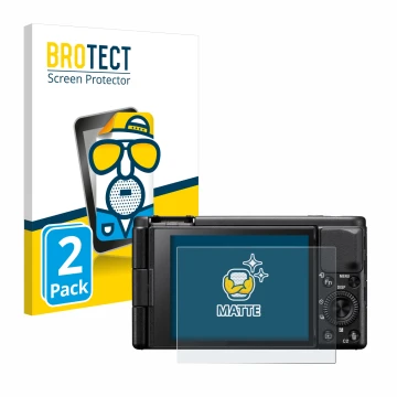 Parte frontal de un envase de producto con el logotipo de la marca BROTECT. Al lado se muestra el dispositivo Sony ZV-1A con s