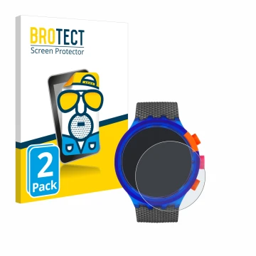 Parte frontal de un envase de producto con el logotipo de la marca BROTECT. Al lado se muestra el dispositivo Swatch Neon Part