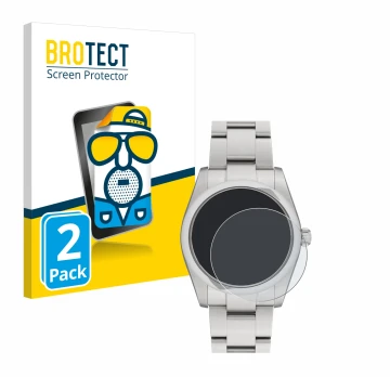 Parte frontal de un envase de producto con el logotipo de la marca BROTECT. Al lado se muestra el dispositivo Rolex Oyster Per