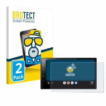 Parte frontal de un envase de producto con el logotipo de la marca BROTECT. Al lado se muestra el dispositivo Pioneer SPH-DA77