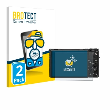 Parte frontal de un envase de producto con el logotipo de la marca BROTECT. Al lado se muestra el dispositivo Sony Cyber-Shot 