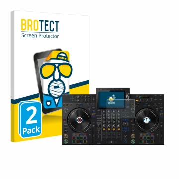 Parte frontal de un envase de producto con el logotipo de la marca BROTECT. Al lado se muestra el dispositivo Pioneer XDJ-AZ c