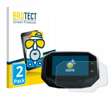 Parte frontal de un envase de producto con el logotipo de la marca BROTECT. Al lado se muestra el dispositivo Kawasaki Versys 