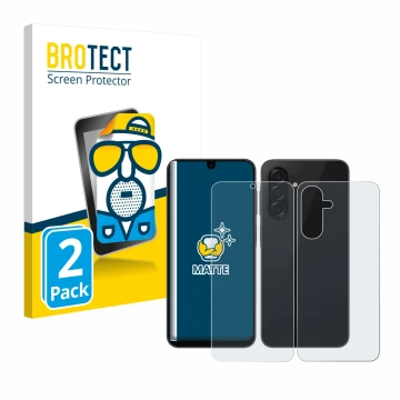 Parte frontal de un envase de producto con el logotipo de la marca BROTECT. Al lado se muestra el dispositivo Samsung Galaxy A