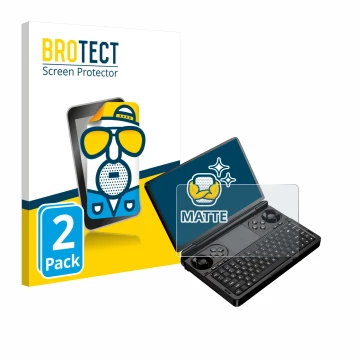 Parte frontal de un envase de producto con el logotipo de la marca BROTECT. Al lado se muestra el dispositivo GPD Win Mini (20