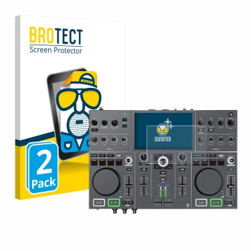 Parte frontal de un envase de producto con el logotipo de la marca BROTECT. Al lado se muestra el dispositivo Denon DJ Prime G