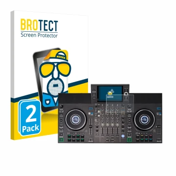 Parte frontal de un envase de producto con el logotipo de la marca BROTECT. Al lado se muestra el dispositivo Denon DJ SC LIVE