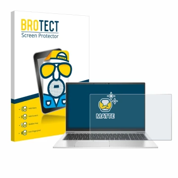 Parte frontal de un envase de producto con el logotipo de la marca BROTECT. Al lado se muestra el dispositivo HP EliteBook 855