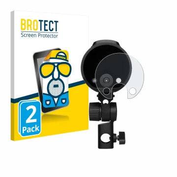 Parte frontal de un envase de producto con el logotipo de la marca BROTECT. Al lado se muestra el dispositivo Profoto A2 con s