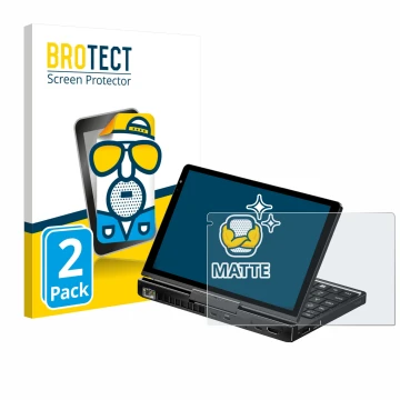 Parte frontal de un envase de producto con el logotipo de la marca BROTECT. Al lado se muestra el dispositivo GPD Pocket 4 con