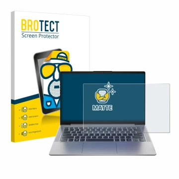 Parte frontal de un envase de producto con el logotipo de la marca BROTECT. Al lado se muestra el dispositivo Lenovo IdeaPad 5