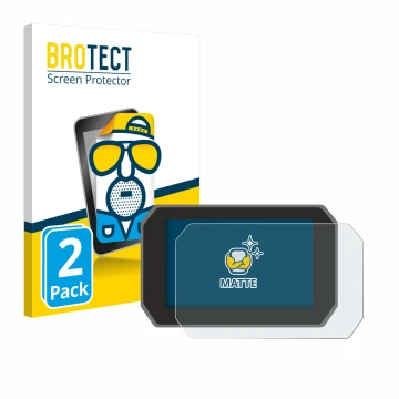 Parte frontal de un envase de producto con el logotipo de la marca BROTECT. Al lado se muestra el dispositivo Yamaha Tracer 9 