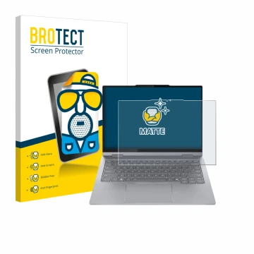 Parte frontal de un envase de producto con el logotipo de la marca BROTECT. Al lado se muestra el dispositivo Lenovo ThinkBook