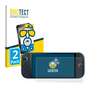 Parte frontal de un envase de producto con el logotipo de la marca BROTECT. Al lado se muestra el dispositivo Nintendo Switch 