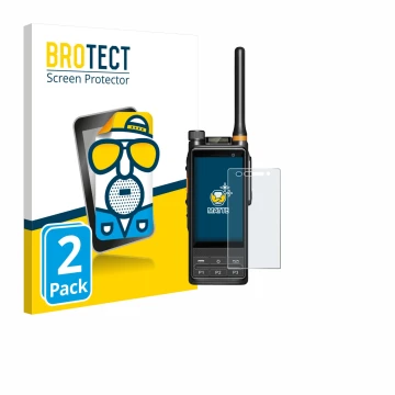 Parte frontal de un envase de producto con el logotipo de la marca BROTECT. Al lado se muestra el dispositivo Hytera PDC680 co