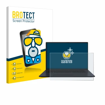 Parte frontal de un envase de producto con el logotipo de la marca BROTECT. Al lado se muestra el dispositivo ASUS Vivobook 18