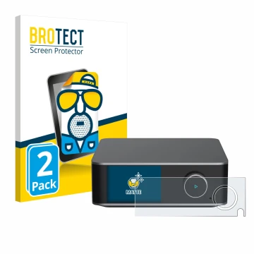 Parte frontal de un envase de producto con el logotipo de la marca BROTECT. Al lado se muestra el dispositivo WiiM Ultra con s