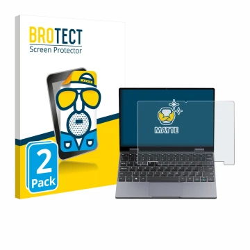 Parte frontal de un envase de producto con el logotipo de la marca BROTECT. Al lado se muestra el dispositivo Chuwi MiniBook X