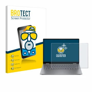 Parte frontal de un envase de producto con el logotipo de la marca BROTECT. Al lado se muestra el dispositivo HP OmniBook X Fl