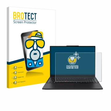 Parte frontal de un envase de producto con el logotipo de la marca BROTECT. Al lado se muestra el dispositivo Lenovo ThinkPad 