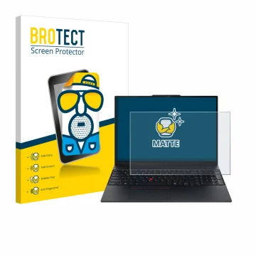 Parte frontal de un envase de producto con el logotipo de la marca BROTECT. Al lado se muestra el dispositivo Lenovo ThinkPad 