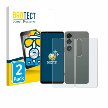 Parte frontal de un envase de producto con el logotipo de la marca BROTECT. Al lado se muestra el dispositivo Sony Xperia 1 VI