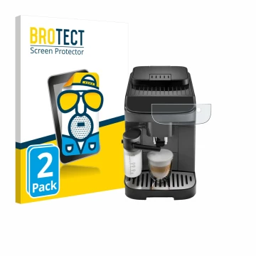 Parte frontal de un envase de producto con el logotipo de la marca BROTECT. Al lado se muestra el dispositivo DeLonghi Magnifi