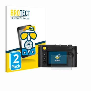 Parte frontal de un envase de producto con el logotipo de la marca BROTECT. Al lado se muestra el dispositivo Leica M11-P Safa