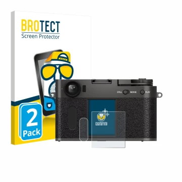 Parte frontal de un envase de producto con el logotipo de la marca BROTECT. Al lado se muestra el dispositivo Fujifilm X Half 