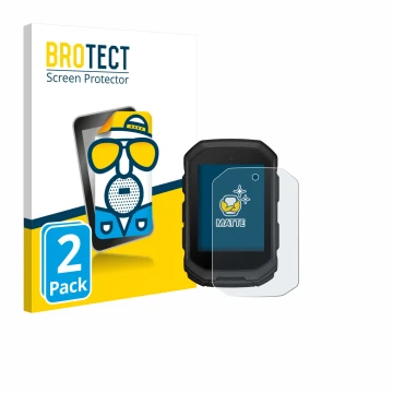 Parte frontal de un envase de producto con el logotipo de la marca BROTECT. Al lado se muestra el dispositivo Garmin Edge MTB 