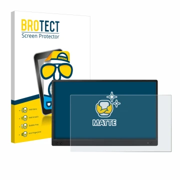 Parte frontal de un envase de producto con el logotipo de la marca BROTECT. Al lado se muestra el dispositivo ASUS ZenScreen M