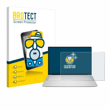 Parte frontal de un envase de producto con el logotipo de la marca BROTECT. Al lado se muestra el dispositivo Dell 14 Premium 