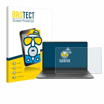 Parte frontal de un envase de producto con el logotipo de la marca BROTECT. Al lado se muestra el dispositivo ASUS Chromebook 