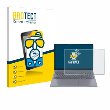 Parte frontal de un envase de producto con el logotipo de la marca BROTECT. Al lado se muestra el dispositivo Lenovo ThinkBook