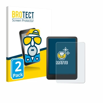 Parte frontal de un envase de producto con el logotipo de la marca BROTECT. Al lado se muestra el dispositivo Amazon Kindle Co