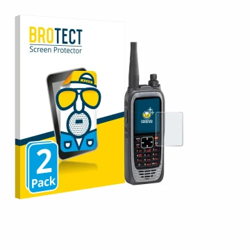 Parte frontal de un envase de producto con el logotipo de la marca BROTECT. Al lado se muestra el dispositivo Icom IC-A25NE /I