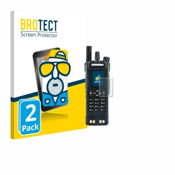 Parte frontal de un envase de producto con el logotipo de la marca BROTECT. Al lado se muestra el dispositivo Baofeng DM-32 co