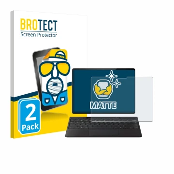 Parte frontal de un envase de producto con el logotipo de la marca BROTECT. Al lado se muestra el dispositivo Microsoft Surfac