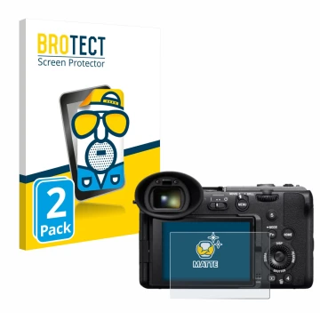 Parte frontal de un envase de producto con el logotipo de la marca BROTECT. Al lado se muestra el dispositivo Sony Cinema Line