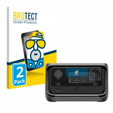 Parte frontal de un envase de producto con el logotipo de la marca BROTECT. Al lado se muestra el dispositivo EcoFlow River 3 