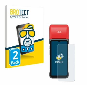 Parte frontal de un envase de producto con el logotipo de la marca BROTECT. Al lado se muestra el dispositivo iMin Swift 2 Pro