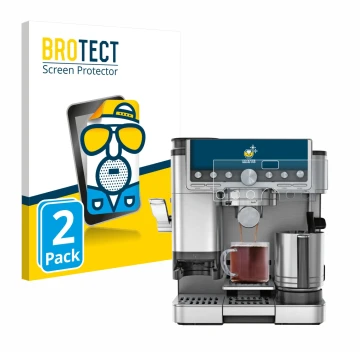 Parte frontal de un envase de producto con el logotipo de la marca BROTECT. Al lado se muestra el dispositivo Ninja Luxe Cafe 
