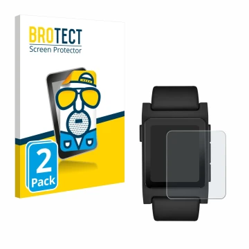 Parte frontal de un envase de producto con el logotipo de la marca BROTECT. Al lado se muestra el dispositivo Pebble 2 Duo 202
