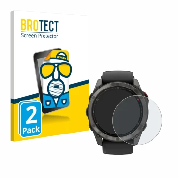 Parte frontal de un envase de producto con el logotipo de la marca BROTECT. Al lado se muestra el dispositivo Garmin Fenix 8 P